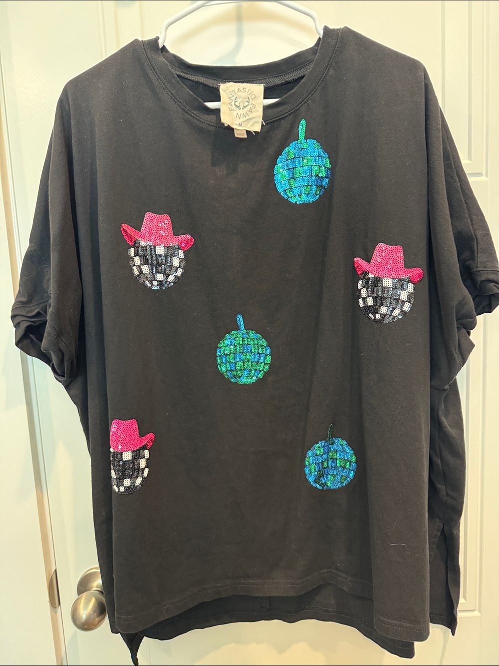 Fantastic Fawn Black Tee with Pink Sequin Cowboy Hats and Blue-Green Disco Balls